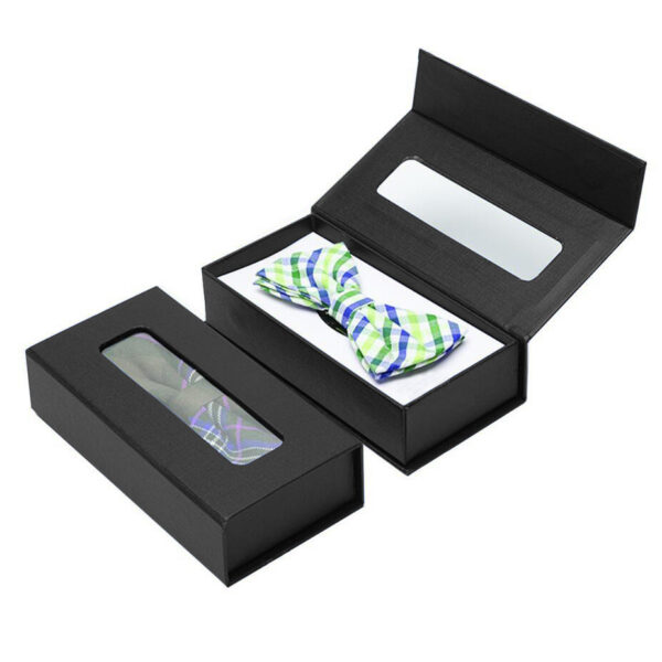 Black Textured Rigid Bow Tie Gift Box with Window Insert Black Textured Rigid Bow Tie Gift Box with Window Insert