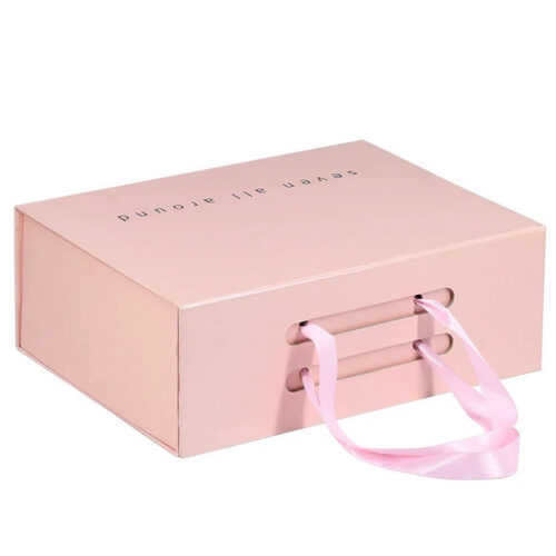 Custom Pink Rigid Gift Box with Ribbon Handles Custom Pink Rigid Gift Box with Ribbon Handles