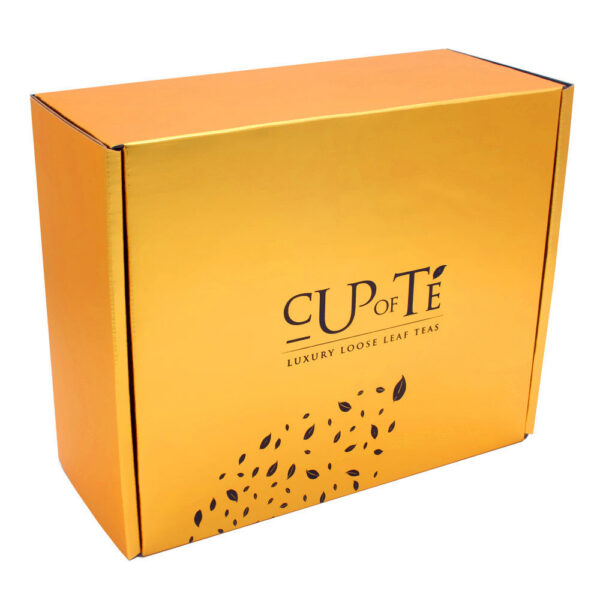 Gold Mailer Tea Gift Box with Black Leaf Printed Interior Gold Mailer Tea Gift Box with Black Leaf Printed Interior