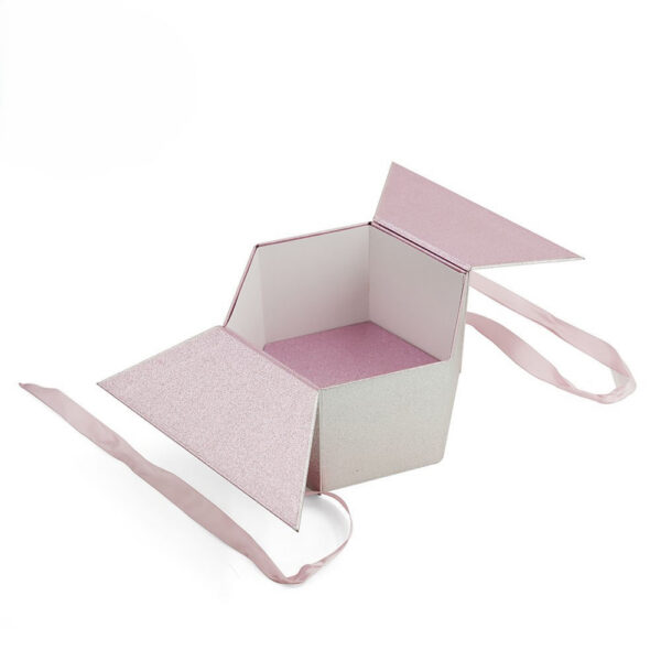 Hexagon Foldable Gift Box with Pink Satin Ribbon Closure
